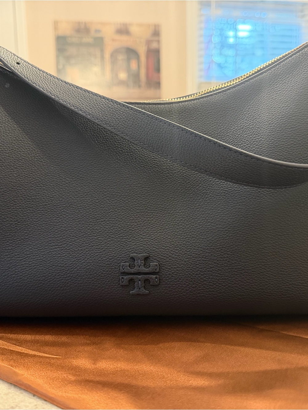 Tory Burch Black Pebbled Leather Hobo Shoulder Bag with Embossed Logo